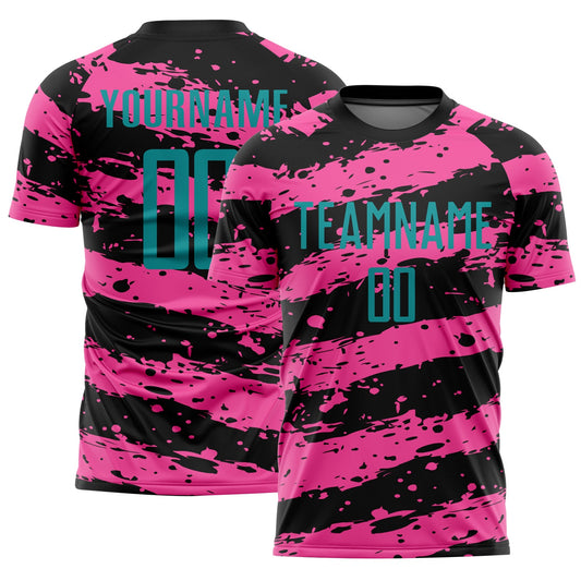Custom Black Teal-Pink Splash Sublimation Soccer Uniform Jersey - Main View