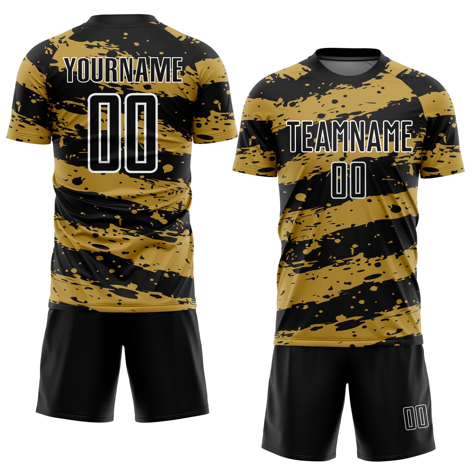 Custom Black Old Gold-White Splash Sublimation Soccer Uniform Jersey view 2