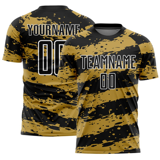 Custom Black Old Gold-White Splash Sublimation Soccer Uniform Jersey - Main View
