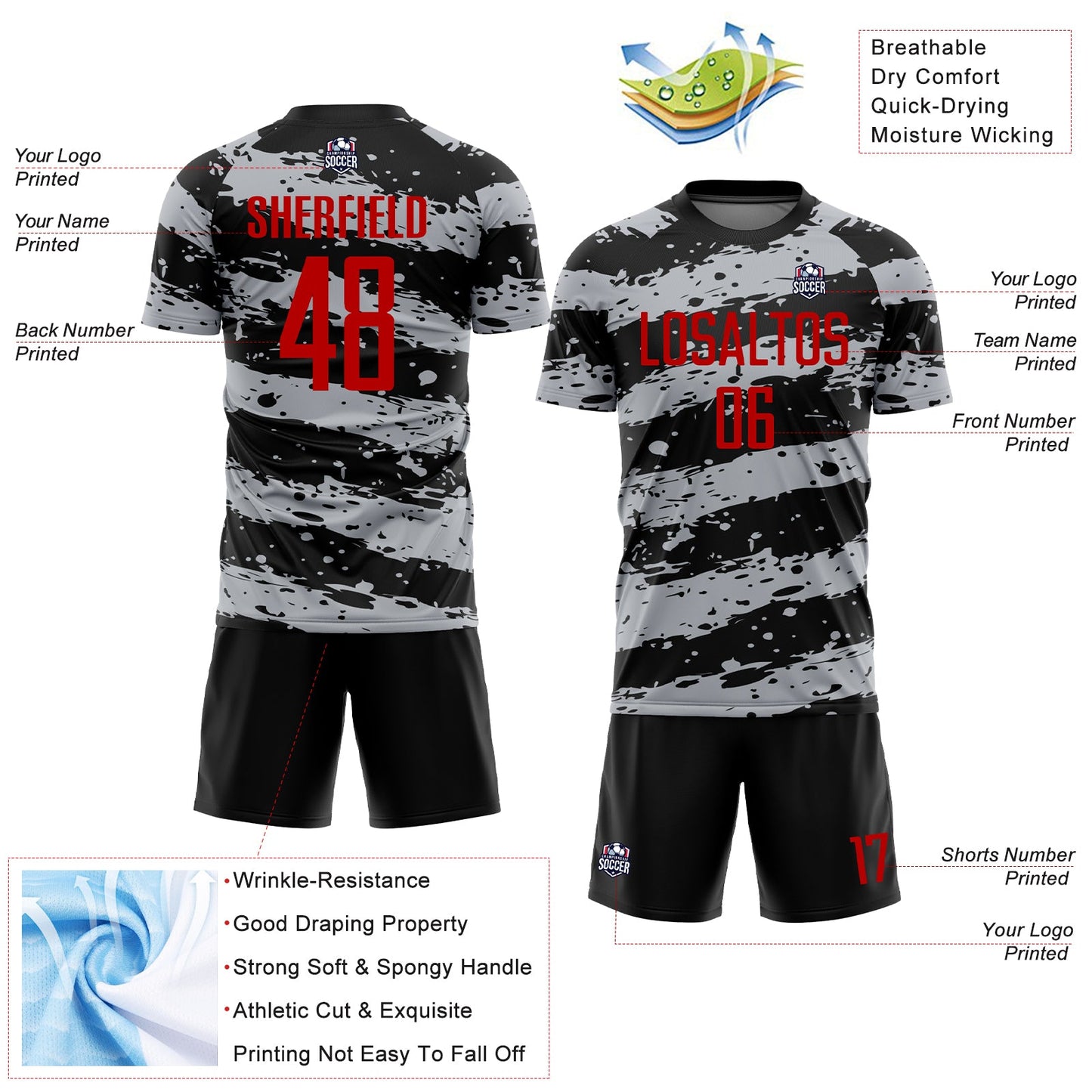 Custom Black Red-Gray Splash Sublimation Soccer Uniform Jersey view 4