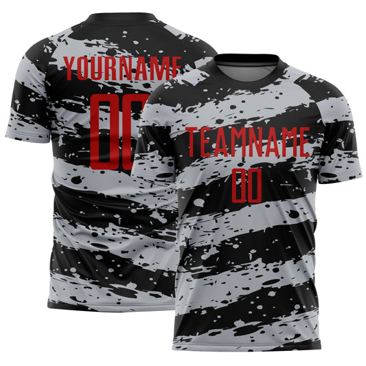 Custom Black Red-Gray Splash Sublimation Soccer Uniform Jersey - Main View