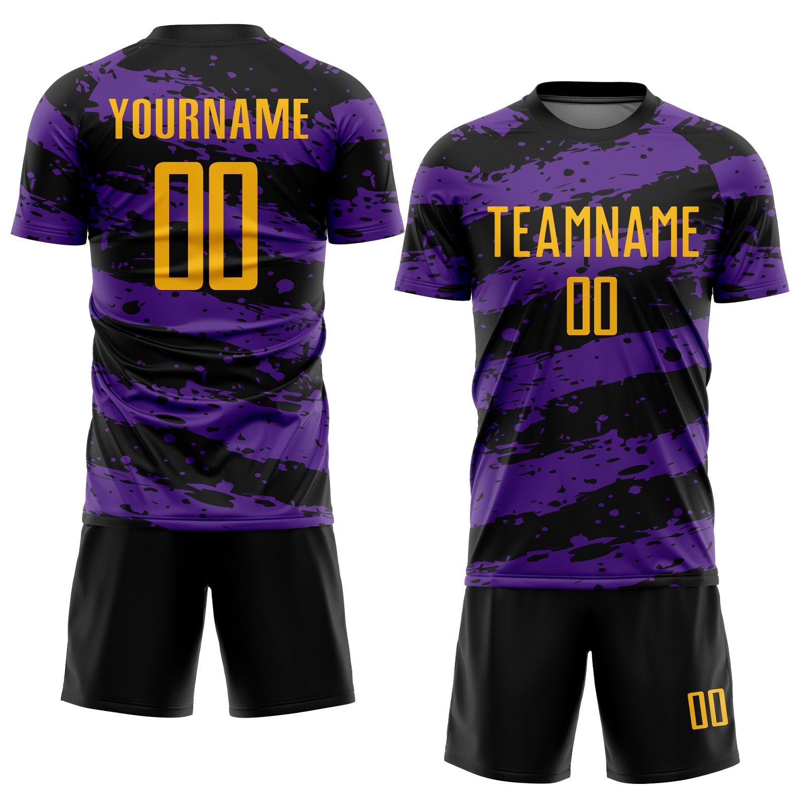 Custom Black Gold-Purple Splash Sublimation Soccer Uniform Jersey view 2
