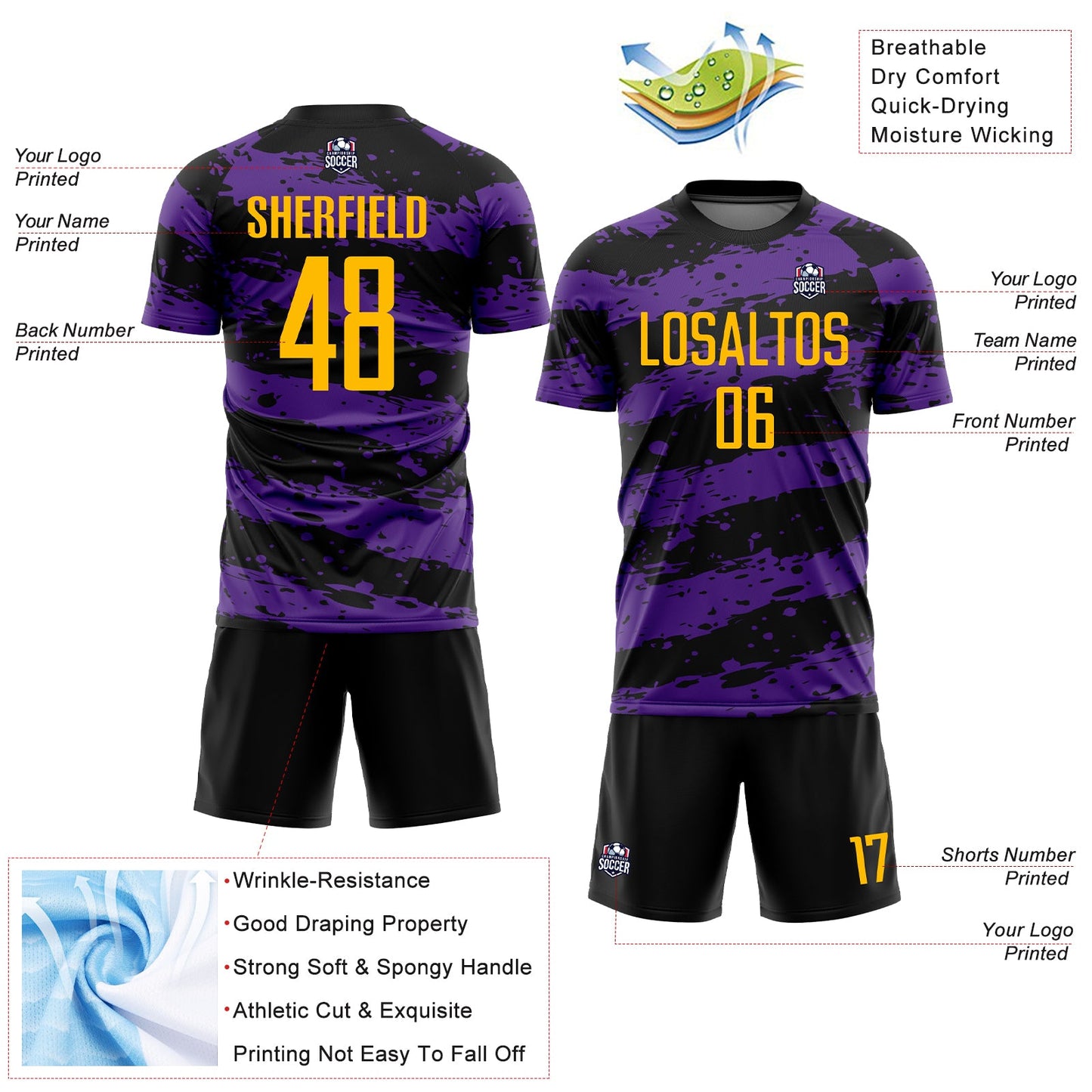 Custom Black Gold-Purple Splash Sublimation Soccer Uniform Jersey view 4