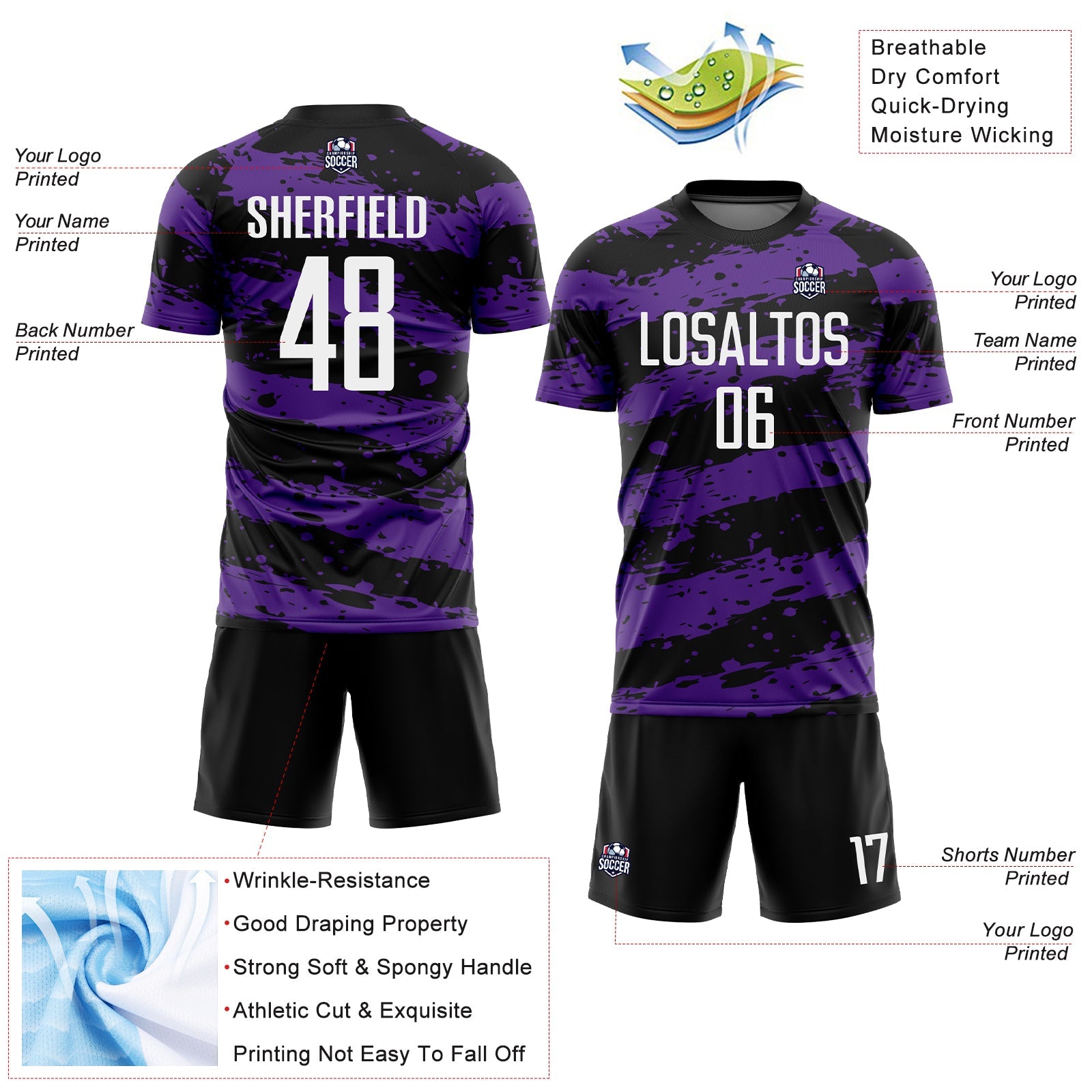 Custom Black White-Purple Splash Sublimation Soccer Uniform Jersey view 4