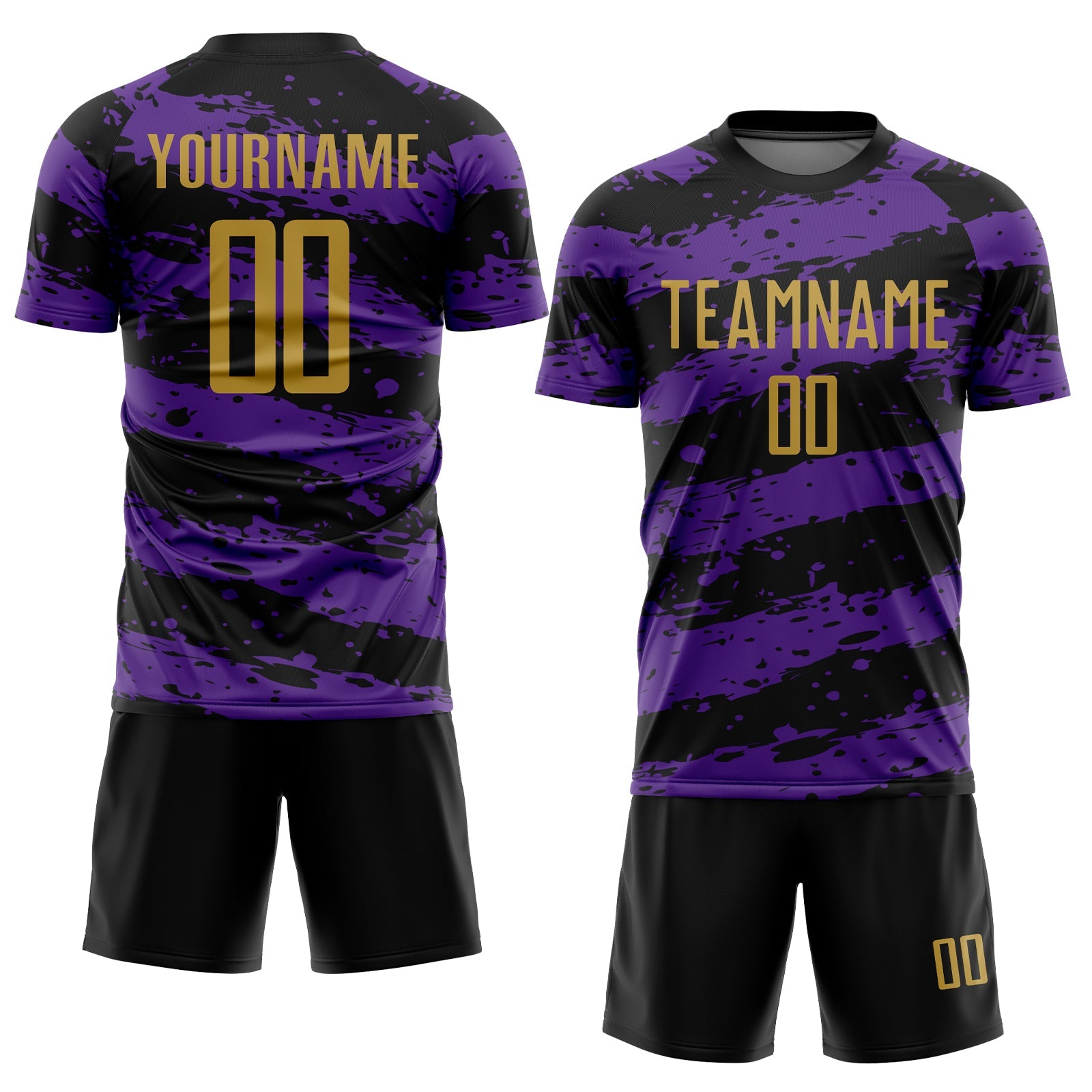 Custom Black Old Gold-Purple Splash Sublimation Soccer Uniform Jersey view 2