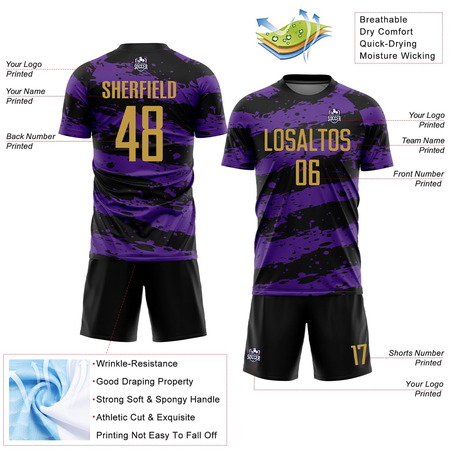 Custom Black Old Gold-Purple Splash Sublimation Soccer Uniform Jersey view 4