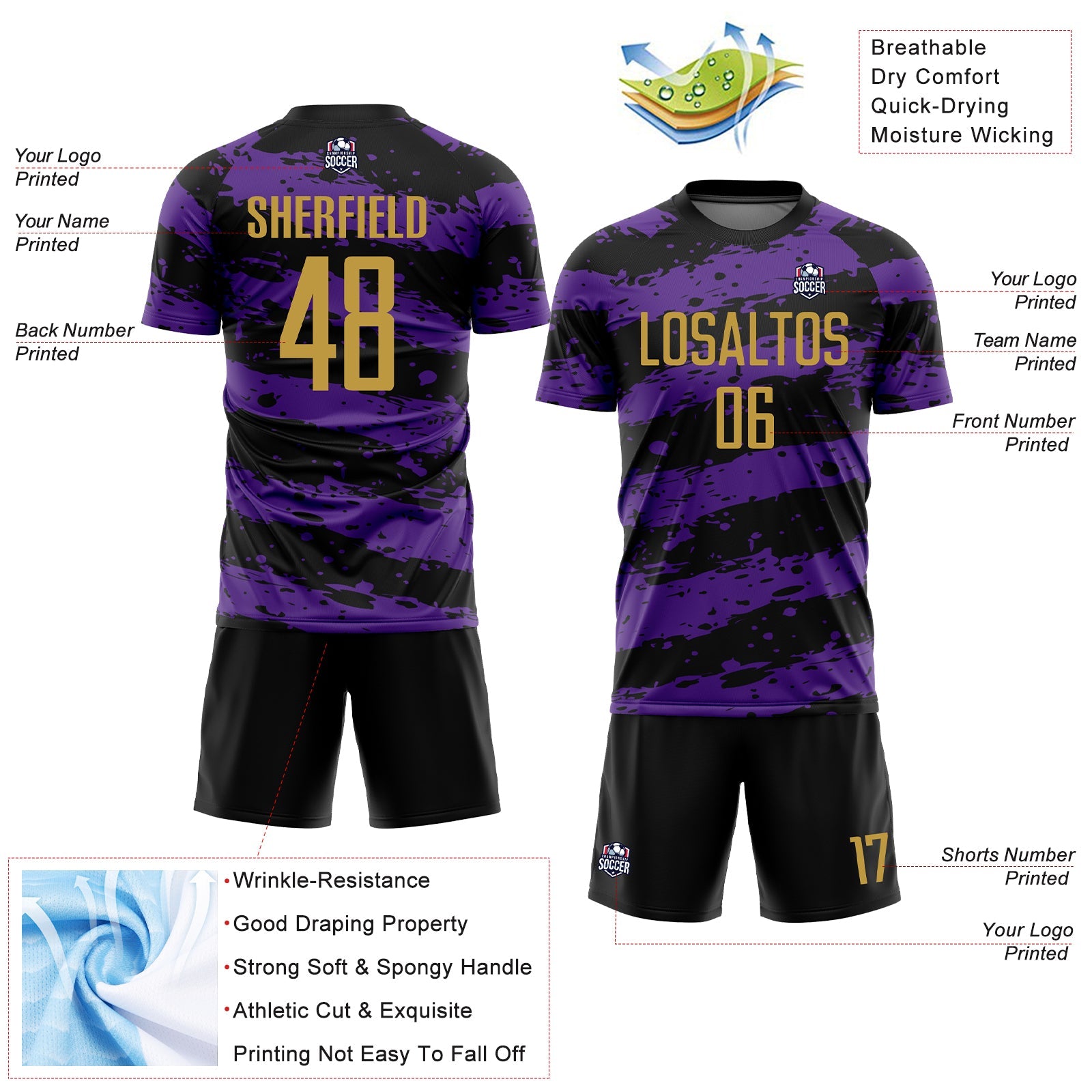 Custom Black Old Gold-Purple Splash Sublimation Soccer Uniform Jersey view 4