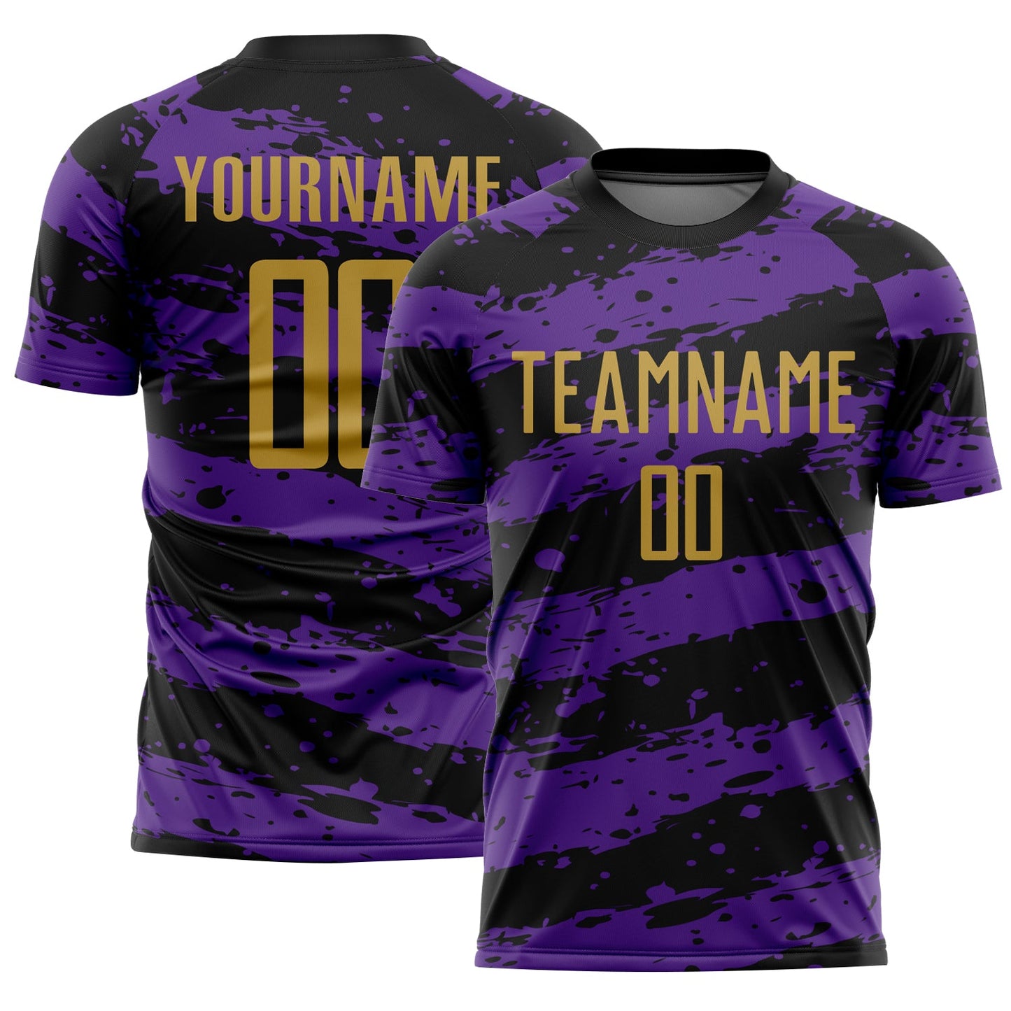 Custom Black Old Gold-Purple Splash Sublimation Soccer Uniform Jersey - Main View