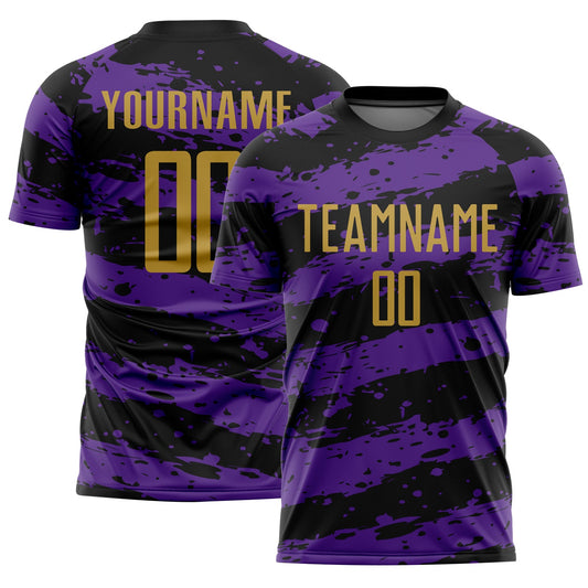 Custom Black Old Gold-Purple Splash Sublimation Soccer Uniform Jersey - Main View