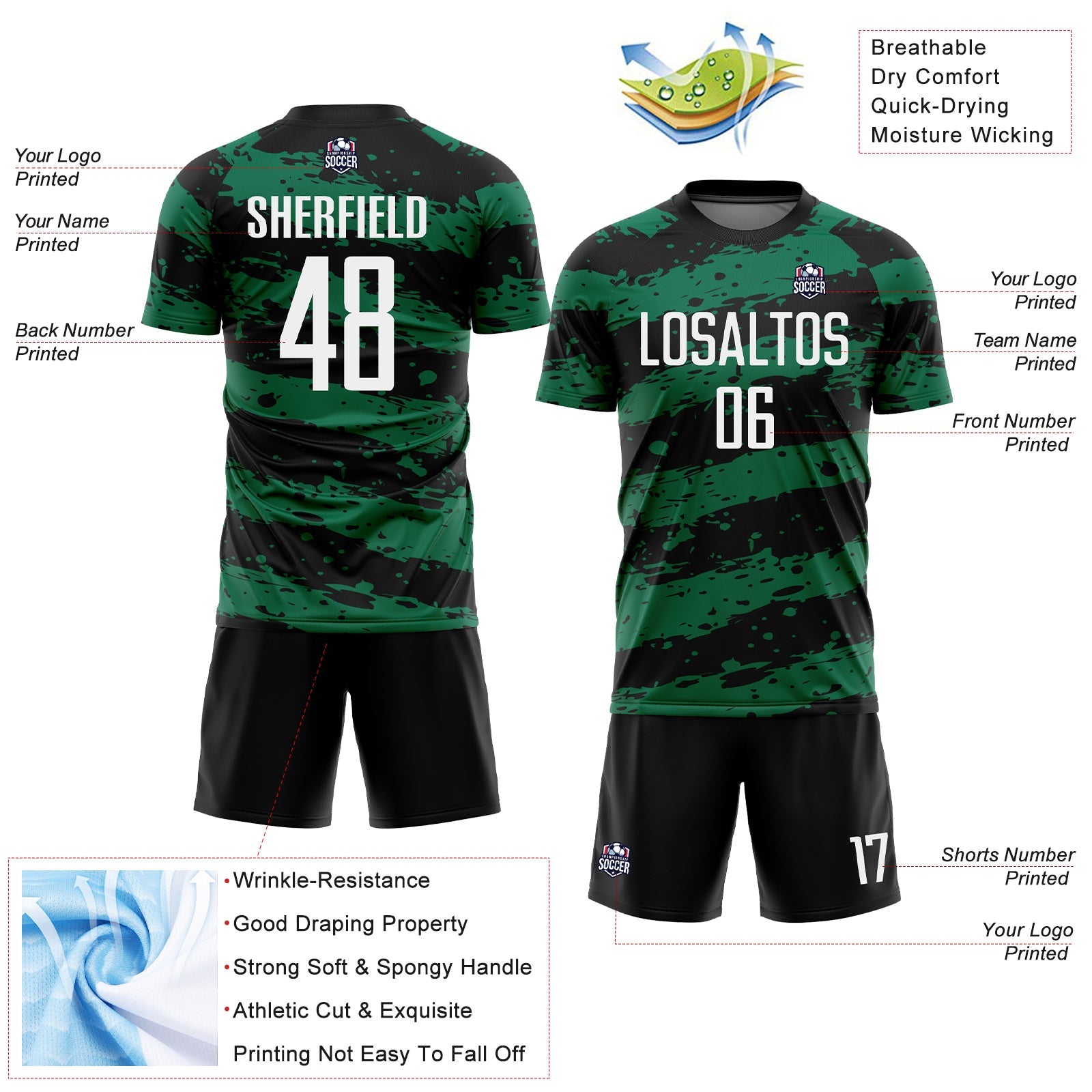 Custom Black White-Kelly Green Splash Sublimation Soccer Uniform Jersey view 4