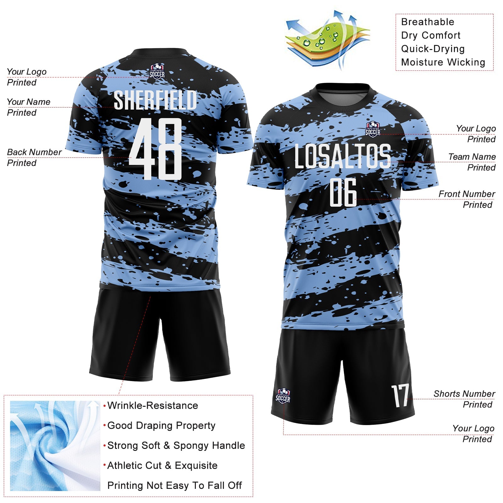 Custom Black White-Light Blue Splash Sublimation Soccer Uniform Jersey view 4