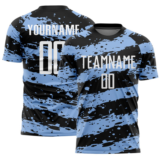 Custom Black White-Light Blue Splash Sublimation Soccer Uniform Jersey - Main View