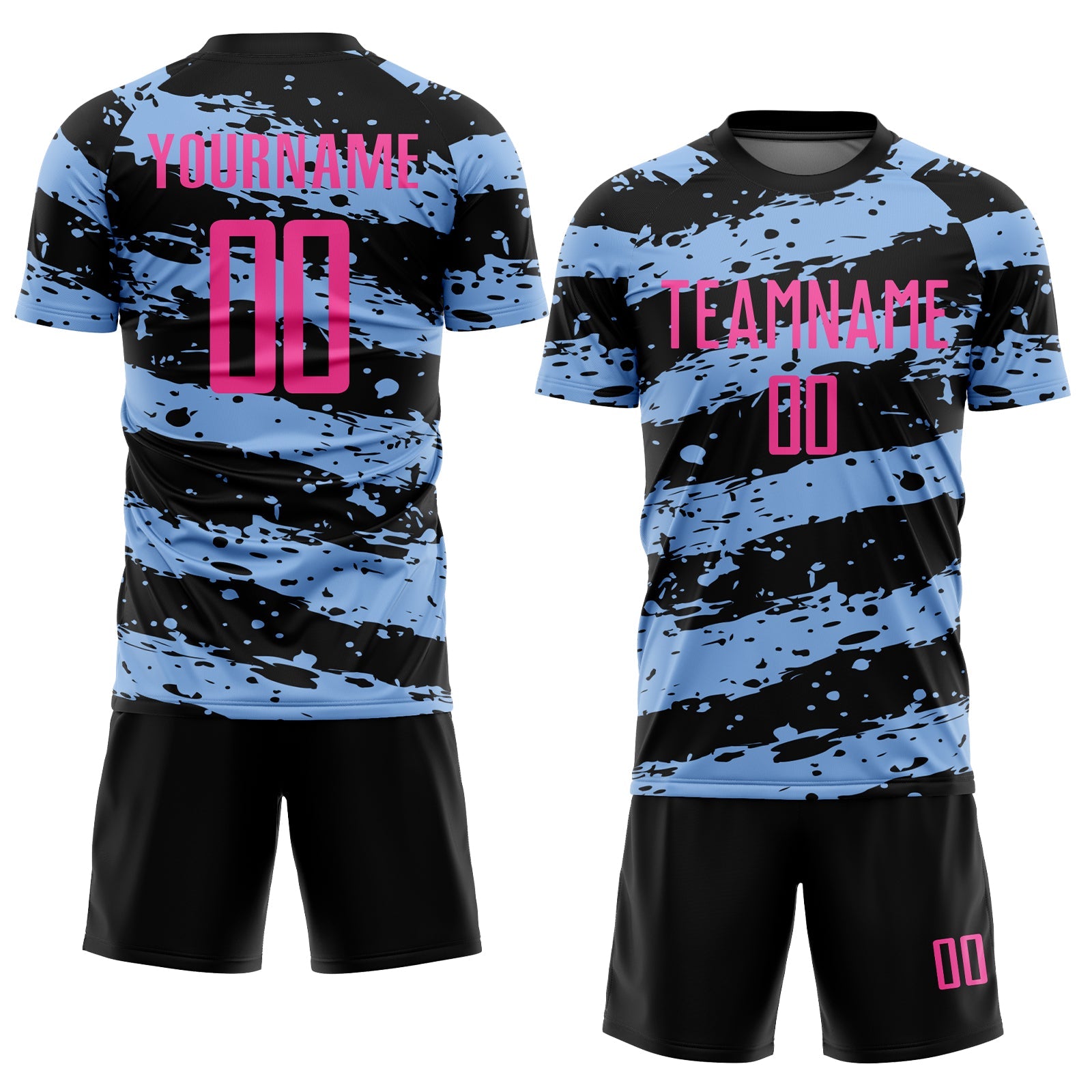 Custom Black Pink-Light Blue Splash Sublimation Soccer Uniform Jersey view 2
