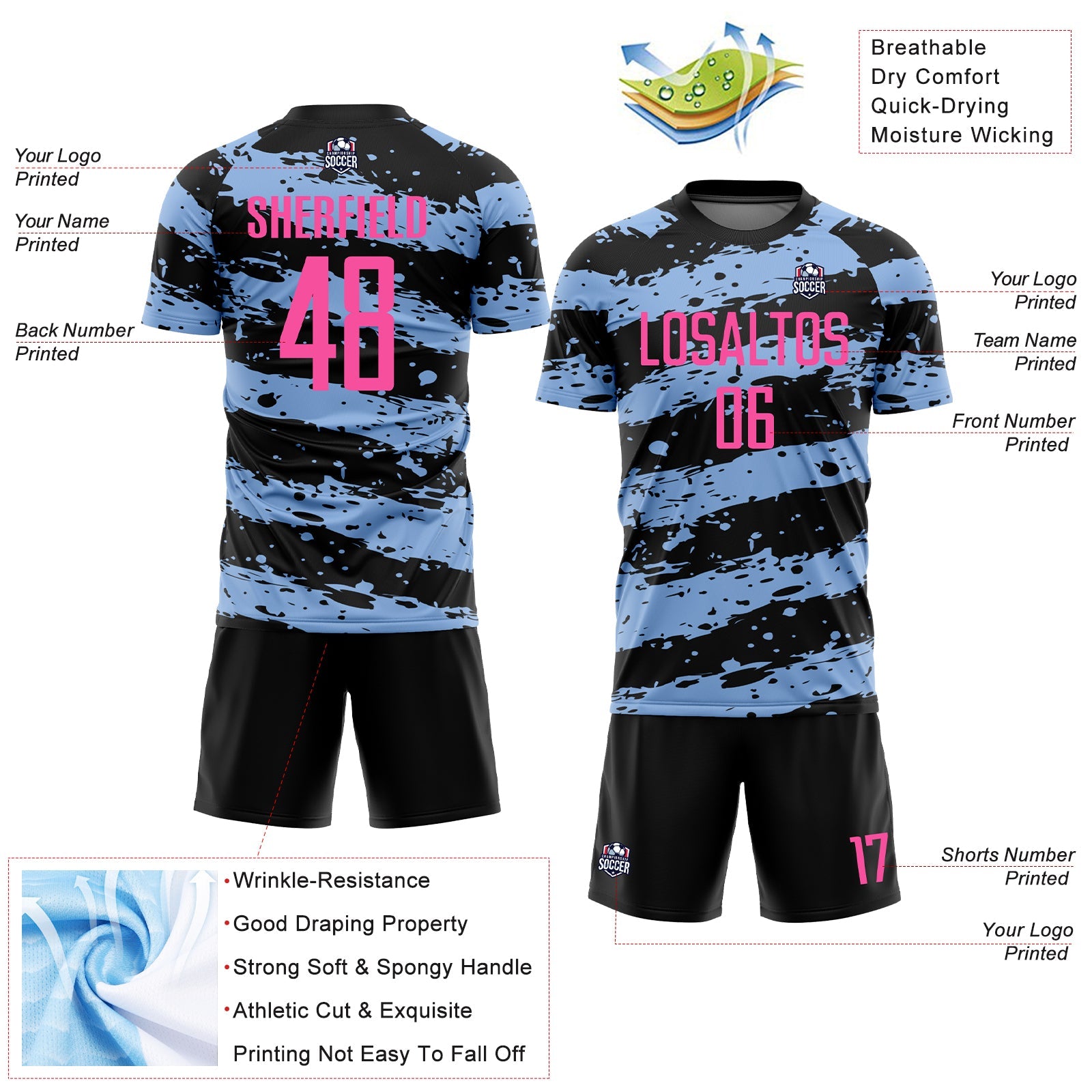 Custom Black Pink-Light Blue Splash Sublimation Soccer Uniform Jersey view 4