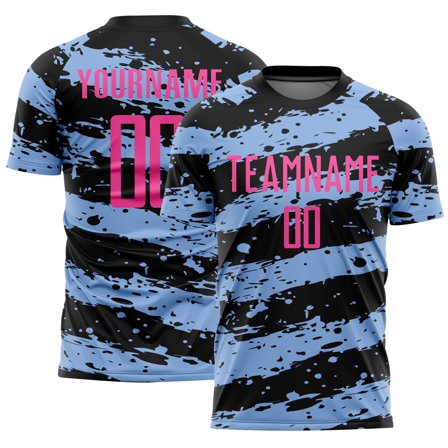 Custom Black Pink-Light Blue Splash Sublimation Soccer Uniform Jersey - Main View