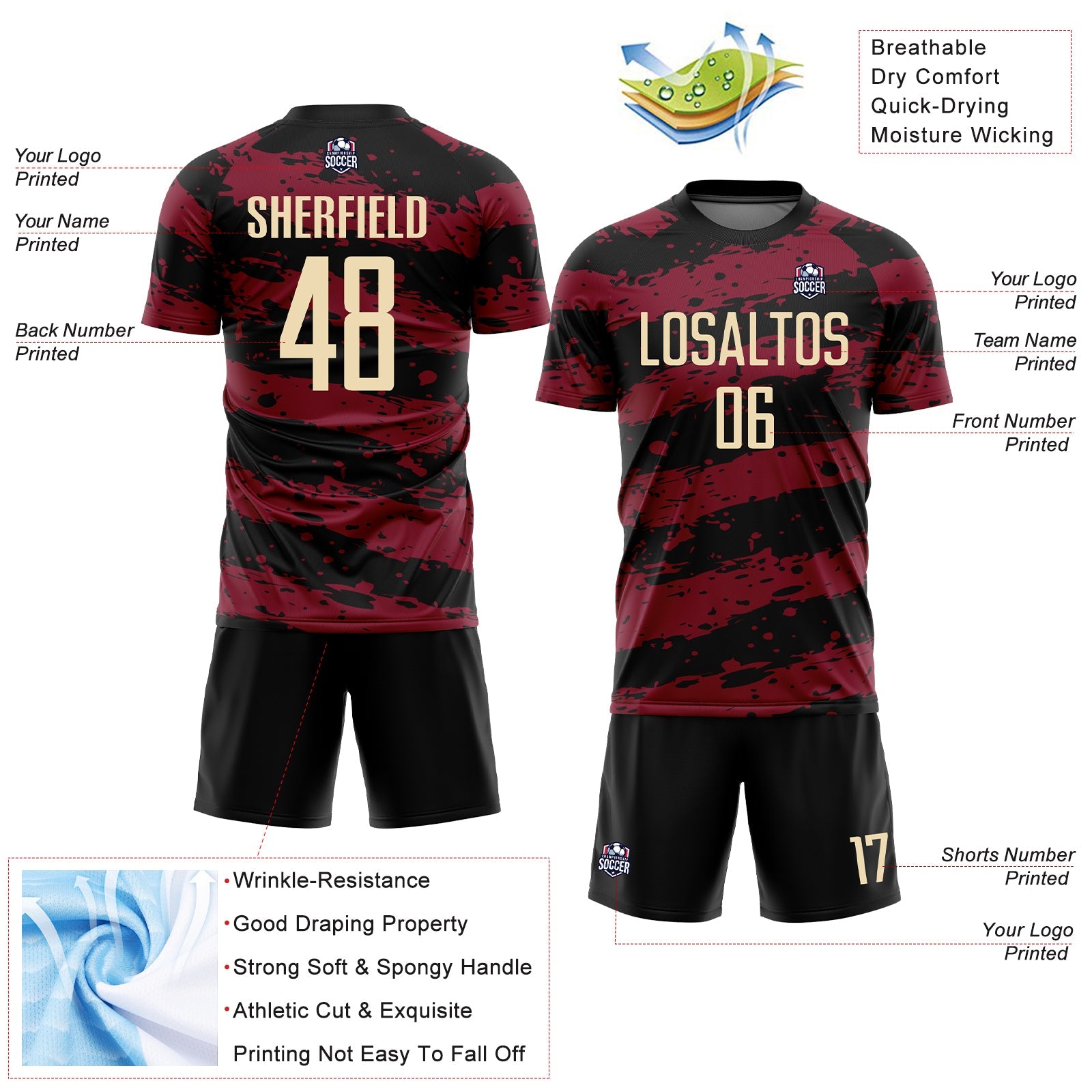 Custom Black Cream-Crimson Splash Sublimation Soccer Uniform Jersey view 4
