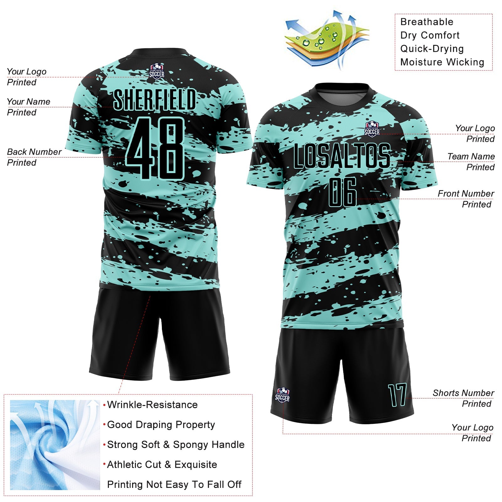 Custom Black Ice Blue Splash Sublimation Soccer Uniform Jersey view 4