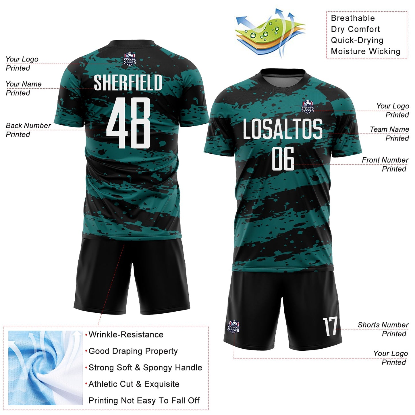 Custom Black White-Teal Splash Sublimation Soccer Uniform Jersey view 4