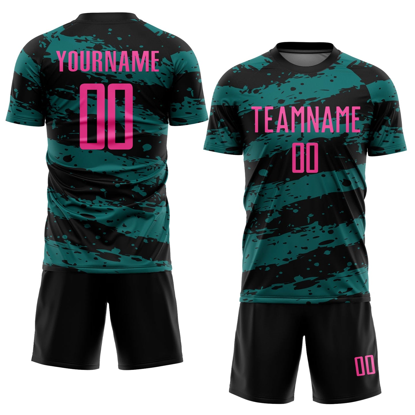 Custom Black Pink-Teal Splash Sublimation Soccer Uniform Jersey view 2