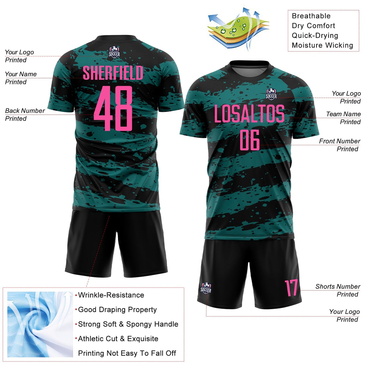 Custom Black Pink-Teal Splash Sublimation Soccer Uniform Jersey view 4
