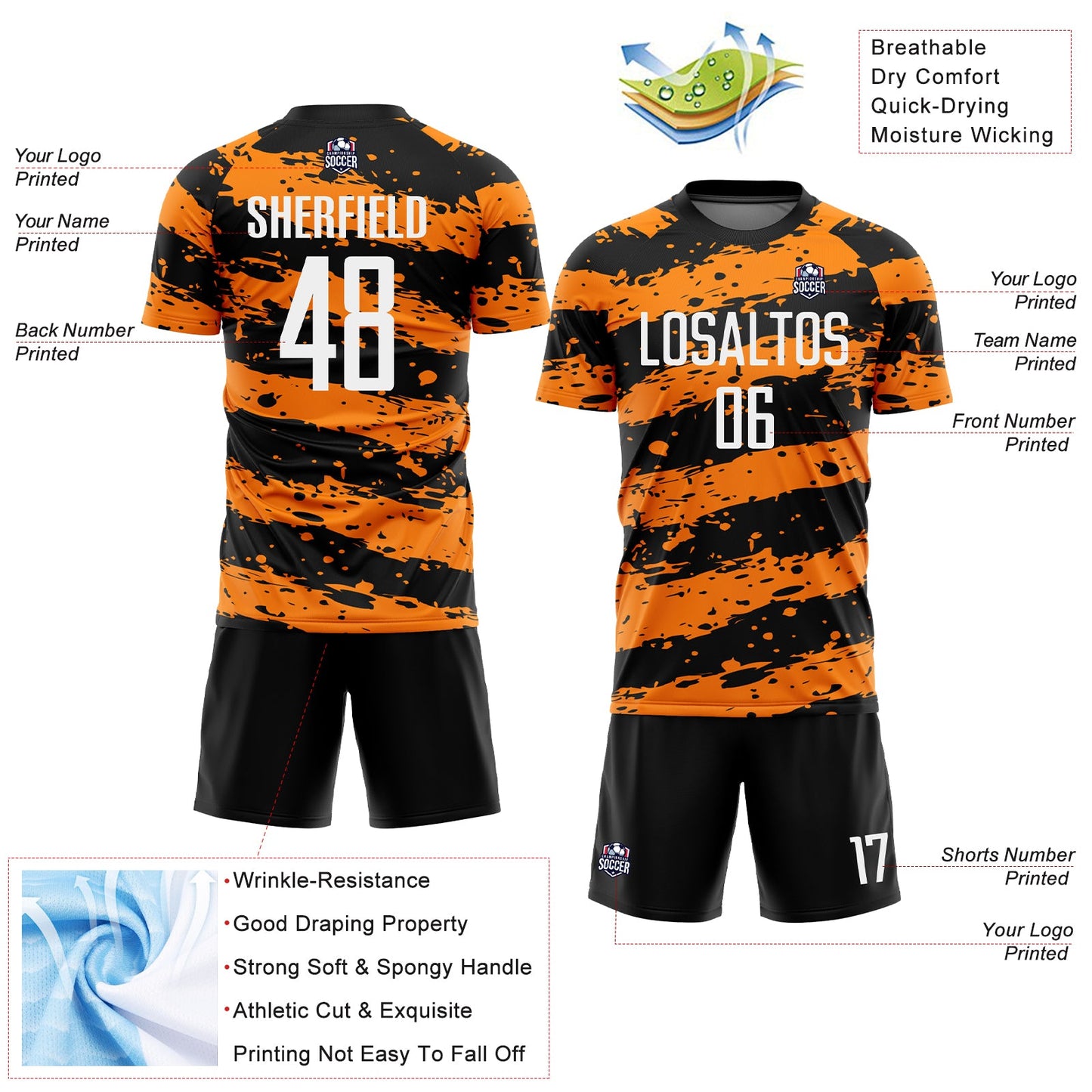 Custom Black White-Bay Orange Splash Sublimation Soccer Uniform Jersey view 4