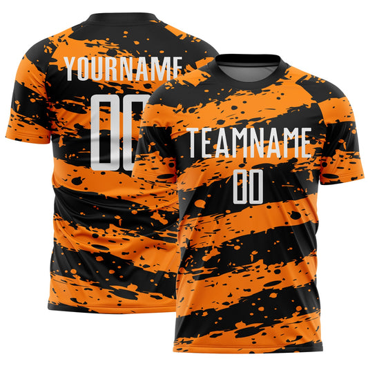 Custom Black White-Bay Orange Splash Sublimation Soccer Uniform Jersey - Main View