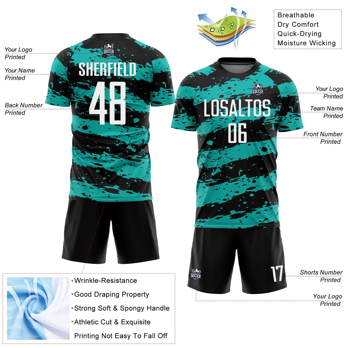 Custom Black White-Aqua Splash Sublimation Soccer Uniform Jersey view 4