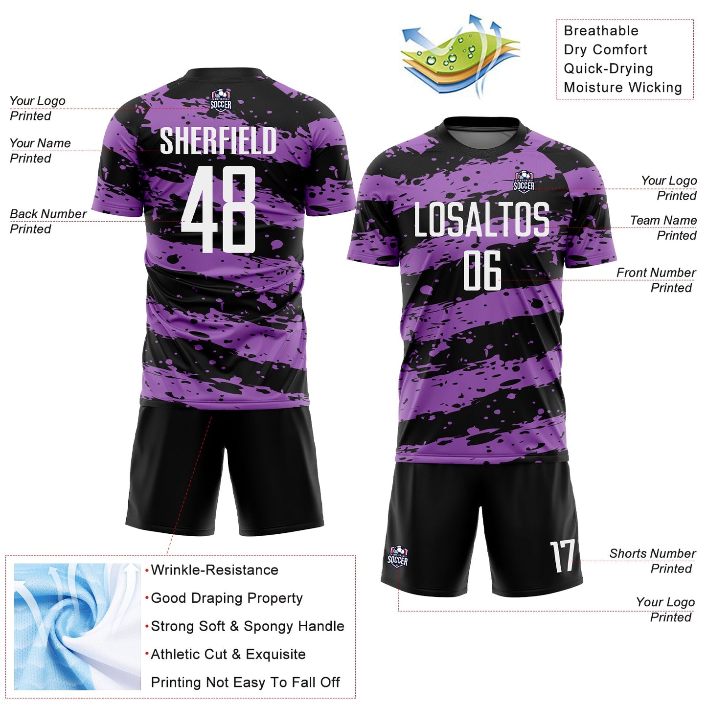 Custom Black White-Medium Purple Splash Sublimation Soccer Uniform Jersey view 4