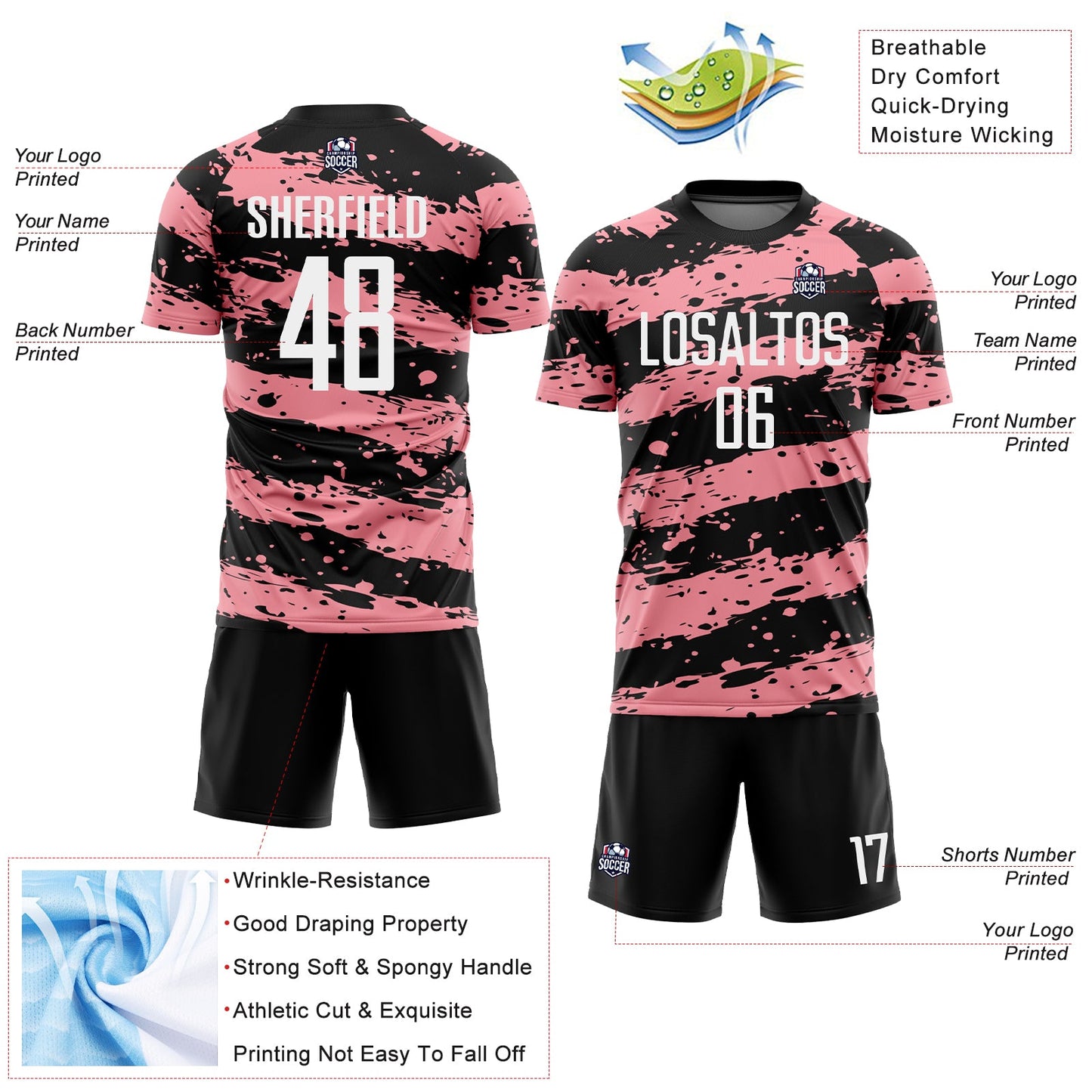 Custom Black White-Medium Pink Splash Sublimation Soccer Uniform Jersey view 4