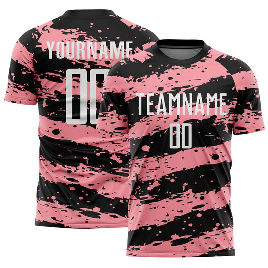 Custom Black White-Medium Pink Splash Sublimation Soccer Uniform Jersey - Main View