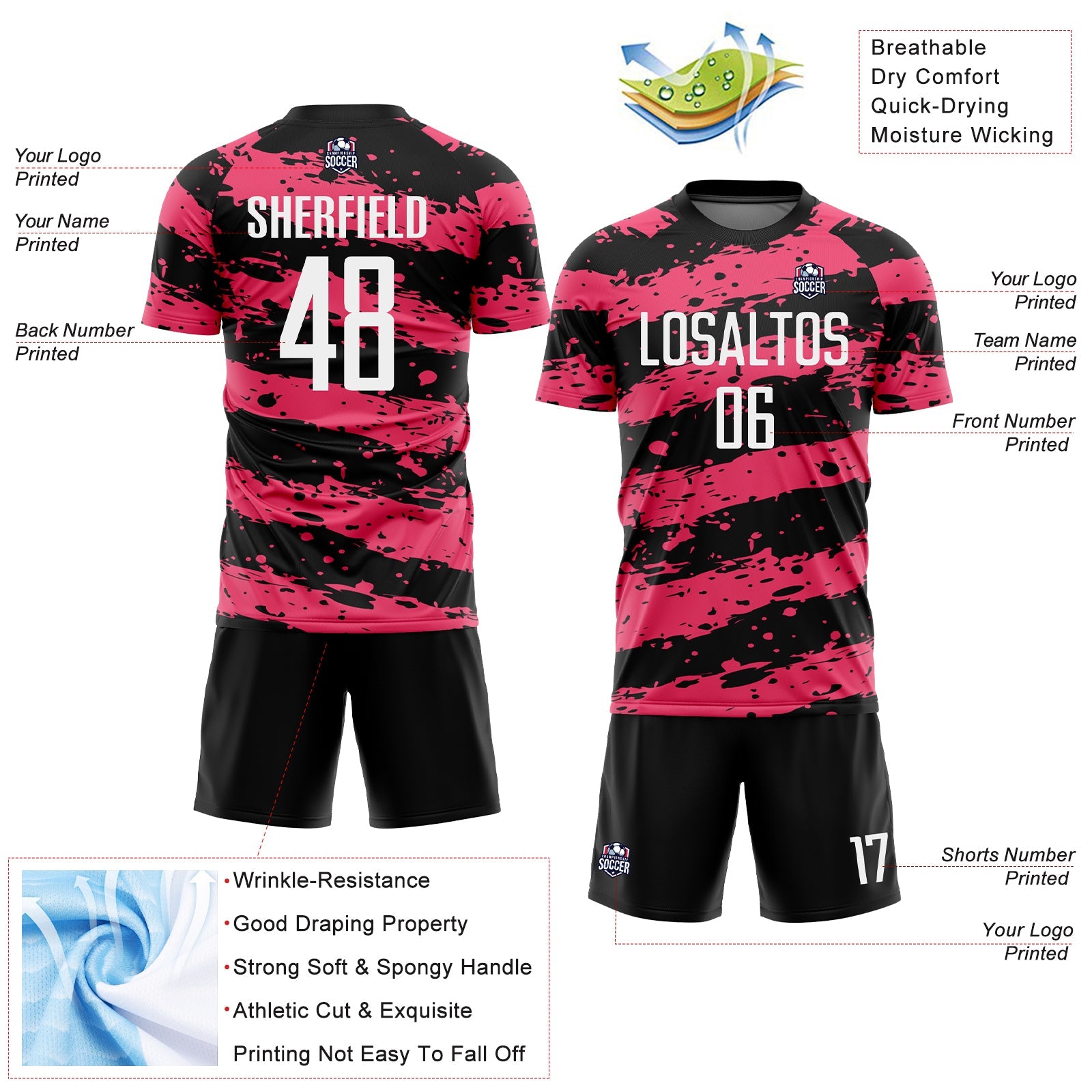 Custom Black White-Neon Pink Splash Sublimation Soccer Uniform Jersey view 4