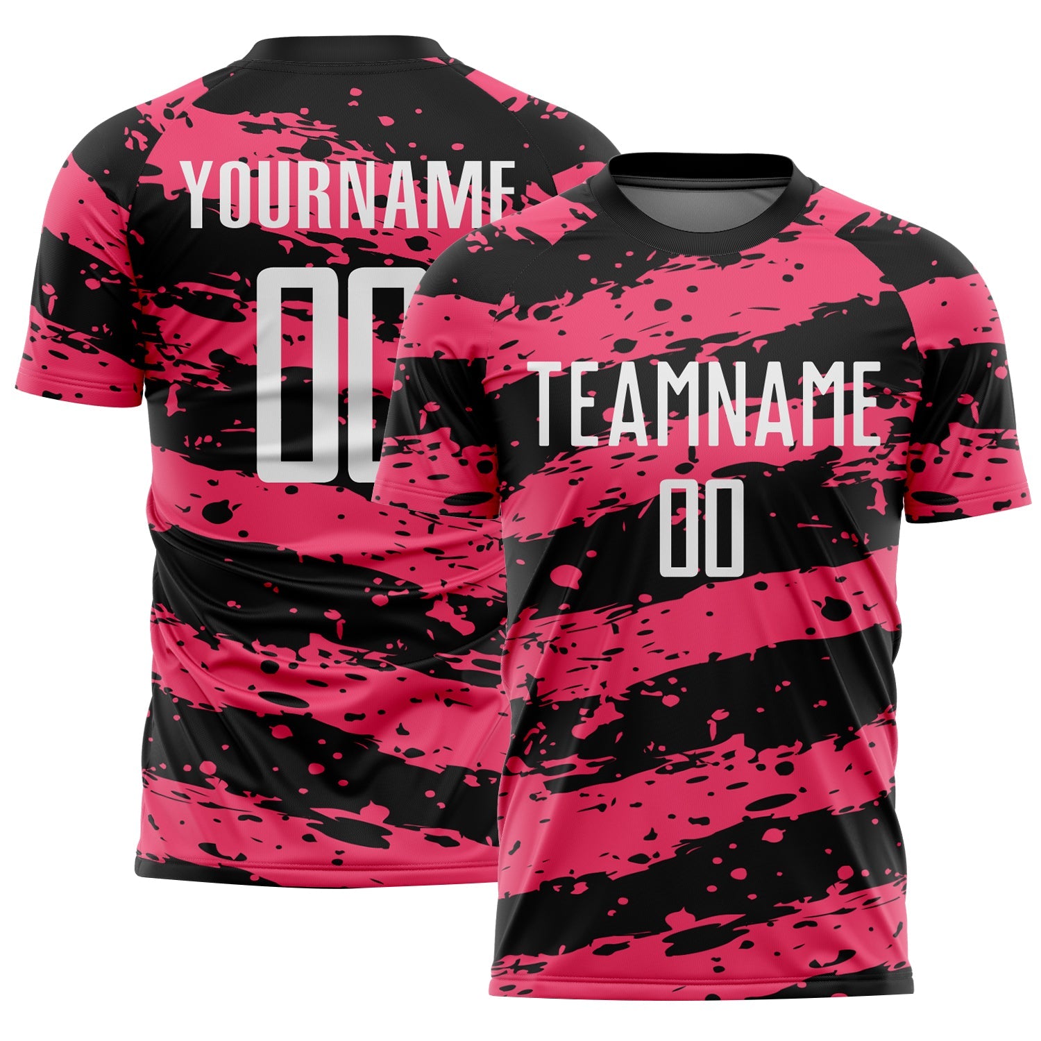 Custom Black White-Neon Pink Splash Sublimation Soccer Uniform Jersey - Main View
