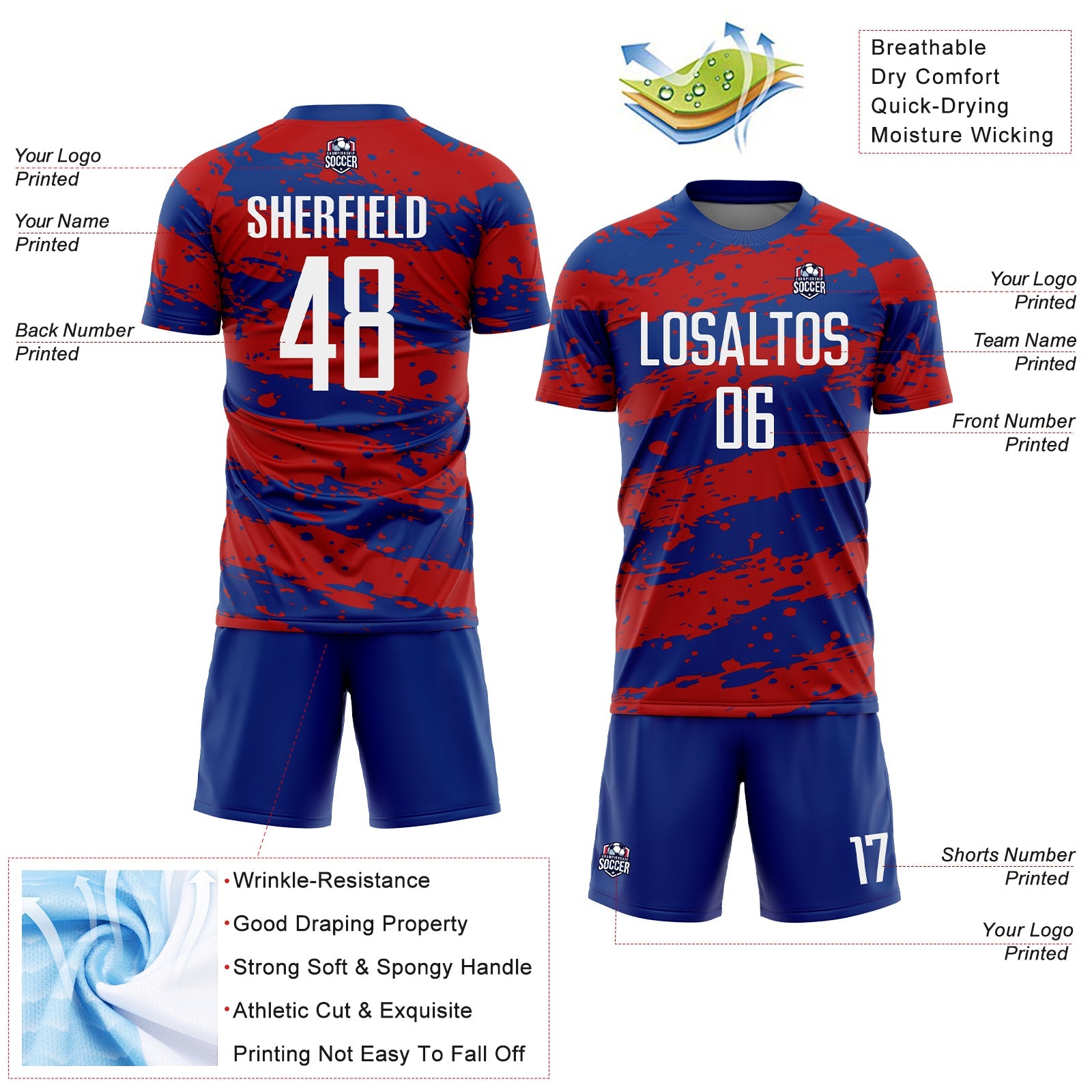 Custom Royal White-Red Splash Sublimation Soccer Uniform Jersey view 4