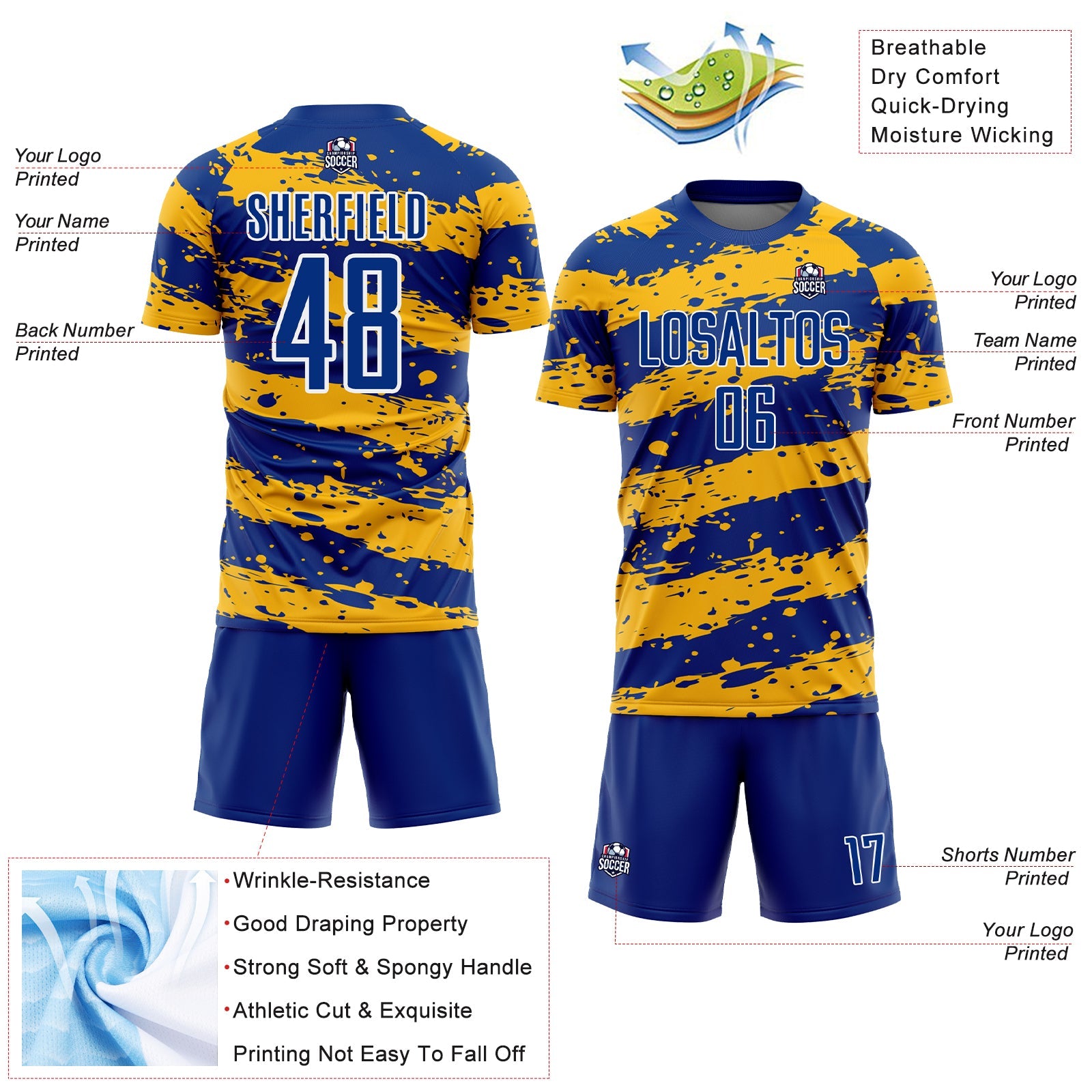 Custom Royal Gold-White Splash Sublimation Soccer Uniform Jersey view 4