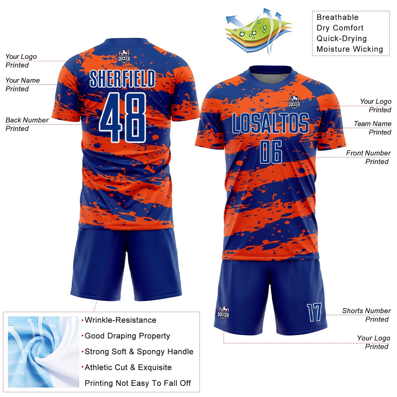 Custom Royal Orange-White Splash Sublimation Soccer Uniform Jersey view 4
