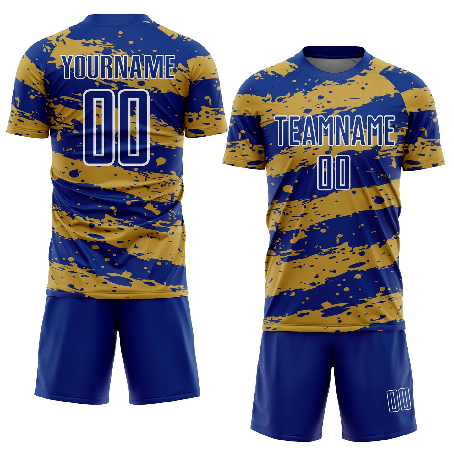 Custom Royal Old Gold-White Splash Sublimation Soccer Uniform Jersey view 2