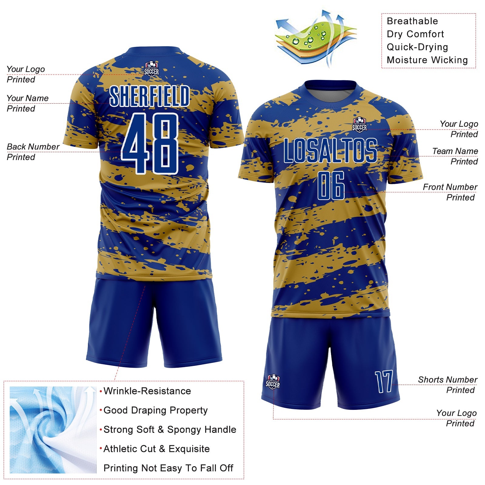 Custom Royal Old Gold-White Splash Sublimation Soccer Uniform Jersey view 4