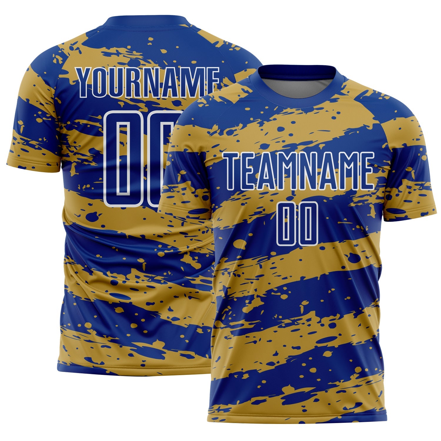 Custom Royal Old Gold-White Splash Sublimation Soccer Uniform Jersey - Main View