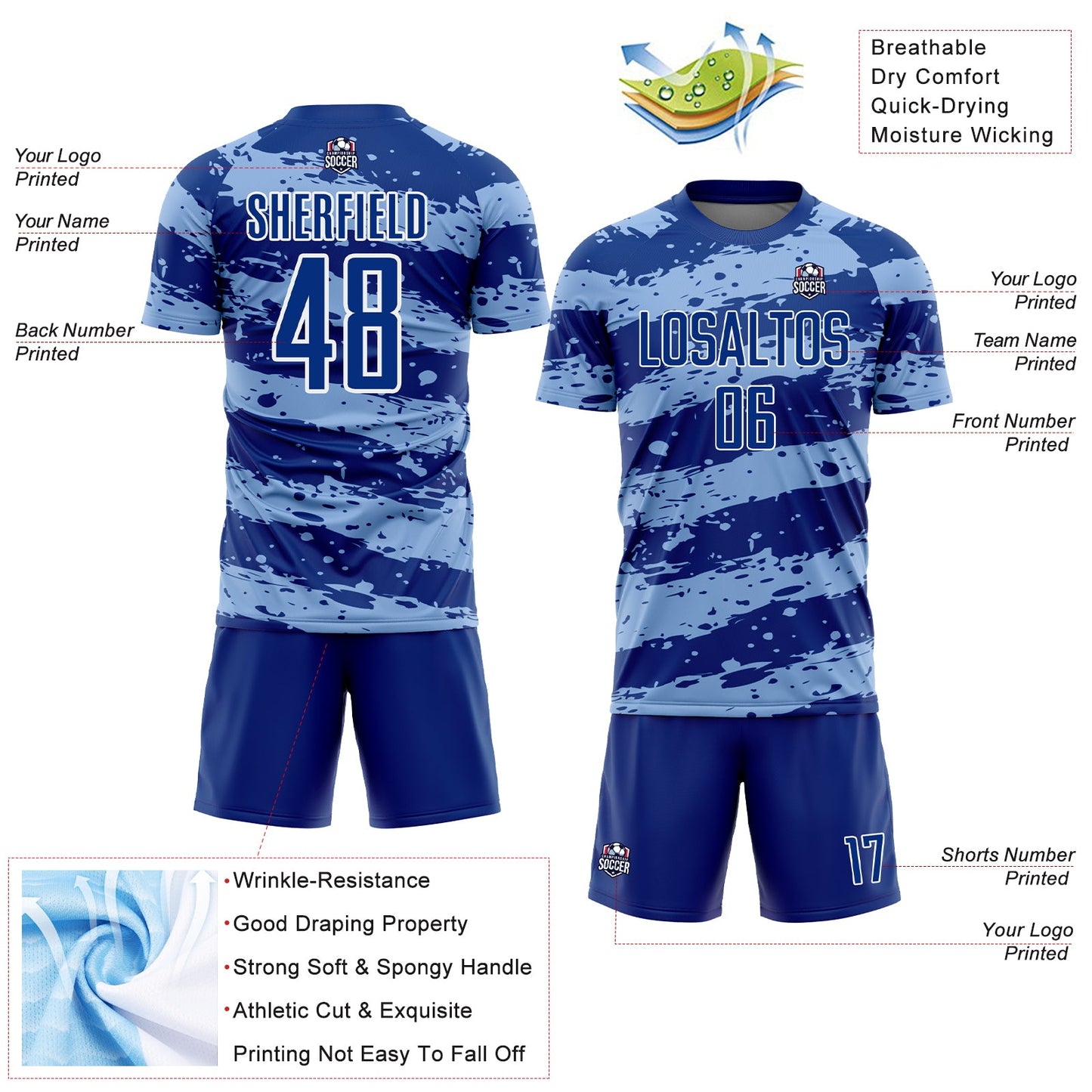 Custom Royal Light Blue-White Splash Sublimation Soccer Uniform Jersey view 4