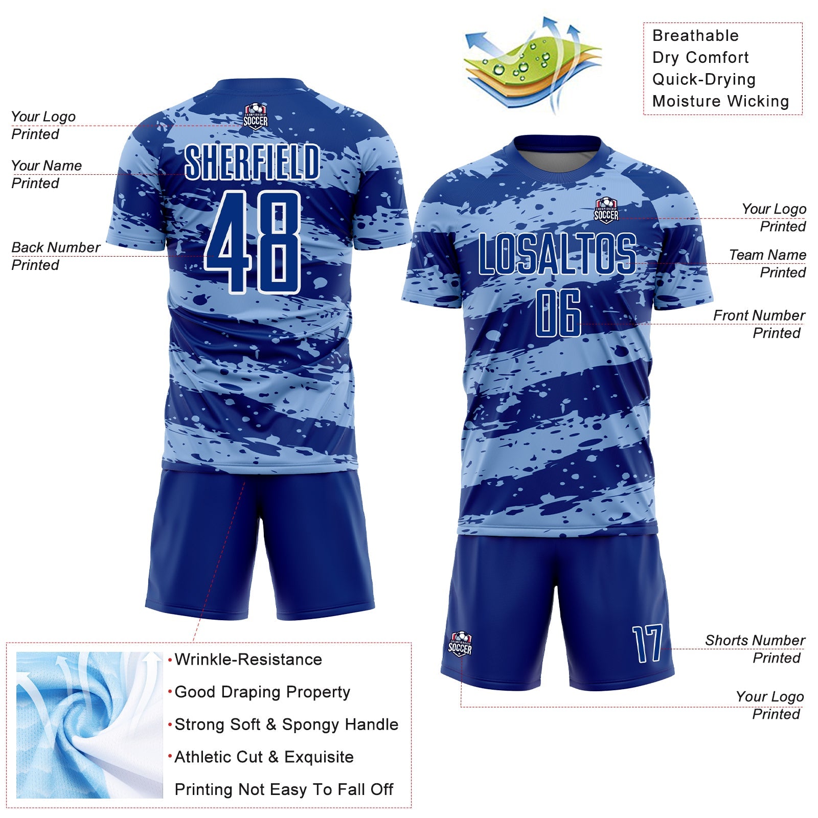Custom Royal Light Blue-White Splash Sublimation Soccer Uniform Jersey view 4