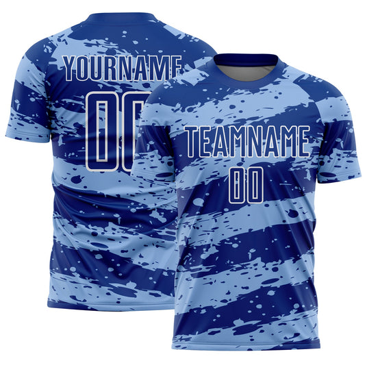 Custom Royal Light Blue-White Splash Sublimation Soccer Uniform Jersey - Main View