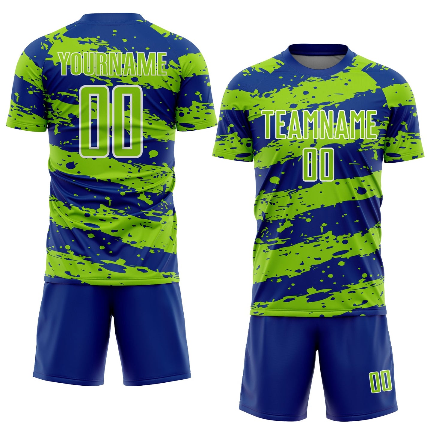 Custom Royal Neon Green-White Splash Sublimation Soccer Uniform Jersey view 2