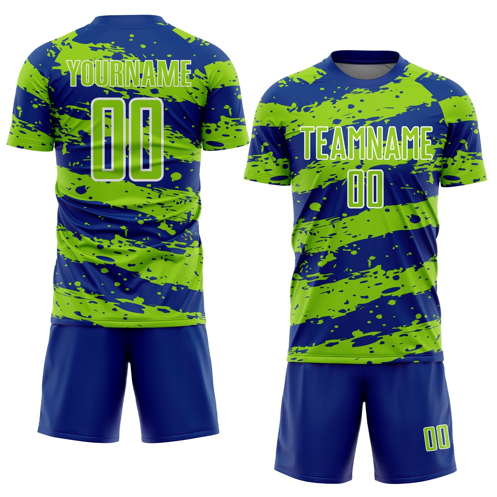 Custom Royal Neon Green-White Splash Sublimation Soccer Uniform Jersey view 2