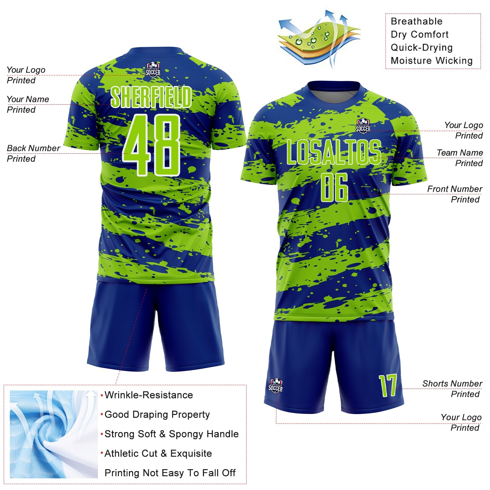 Custom Royal Neon Green-White Splash Sublimation Soccer Uniform Jersey view 4