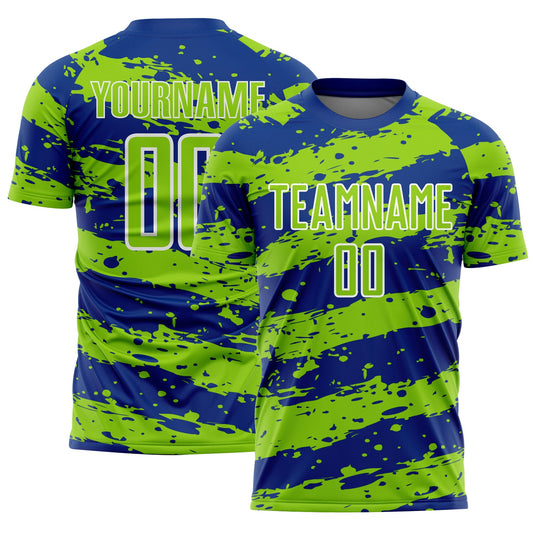 Custom Royal Neon Green-White Splash Sublimation Soccer Uniform Jersey - Main View