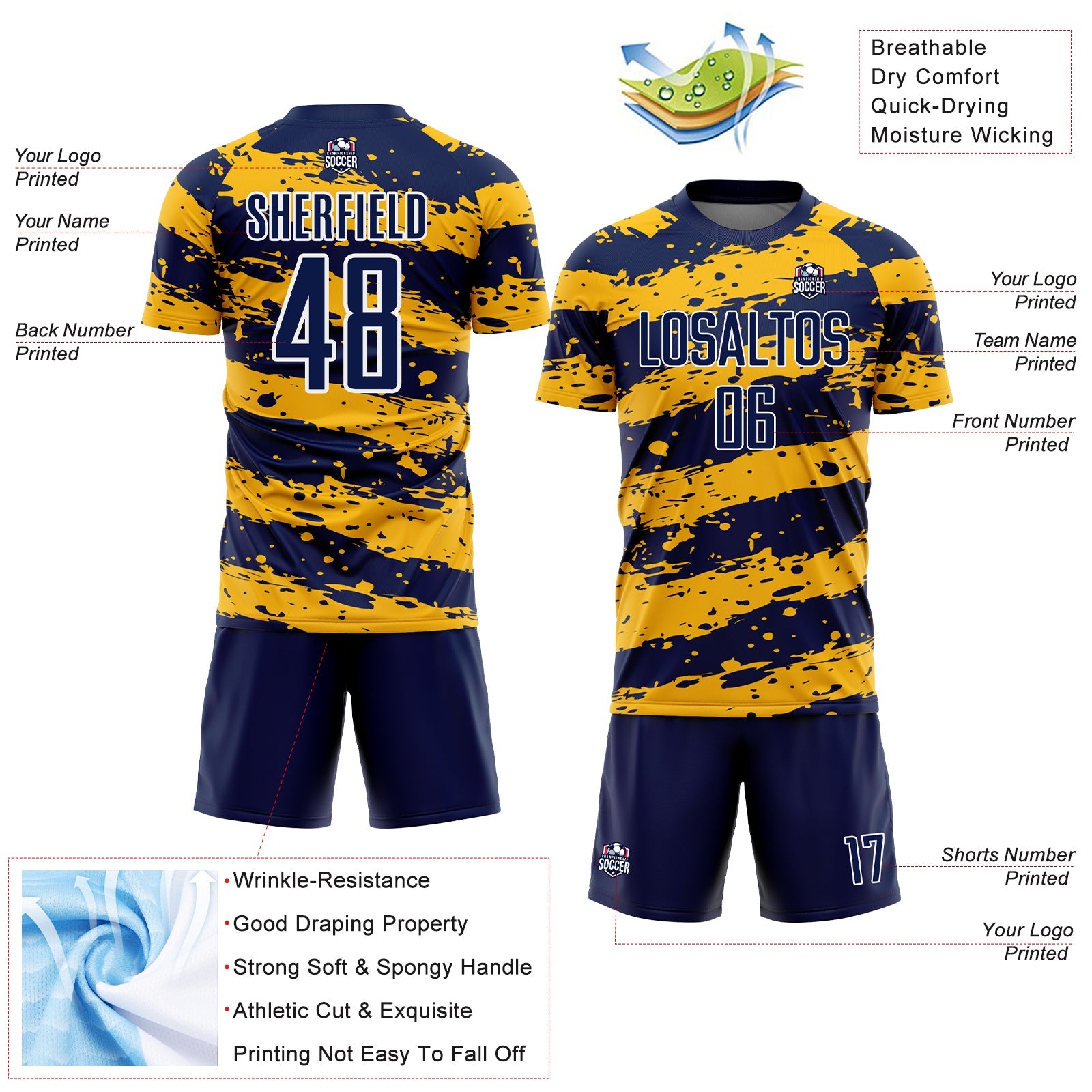 Custom Navy Gold-White Splash Sublimation Soccer Uniform Jersey view 4