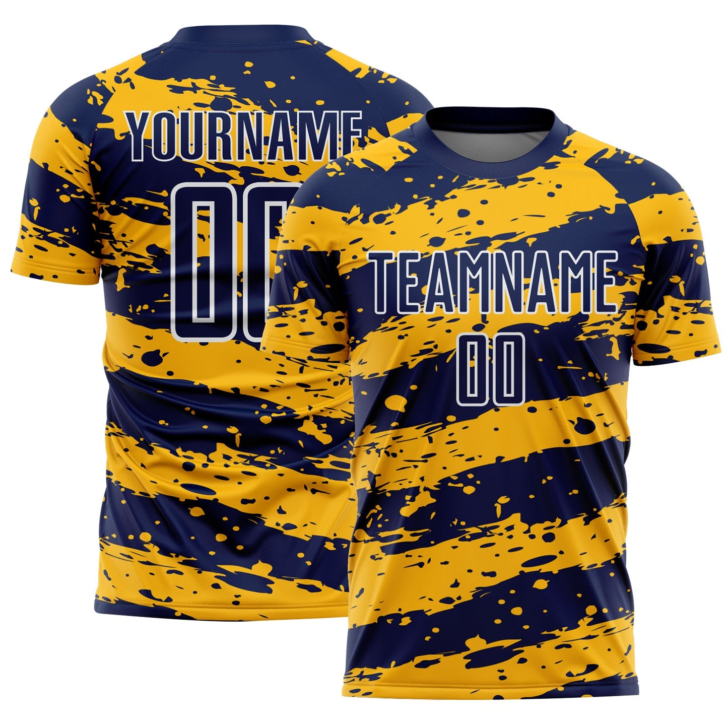 Custom Navy Gold-White Splash Sublimation Soccer Uniform Jersey - Main View