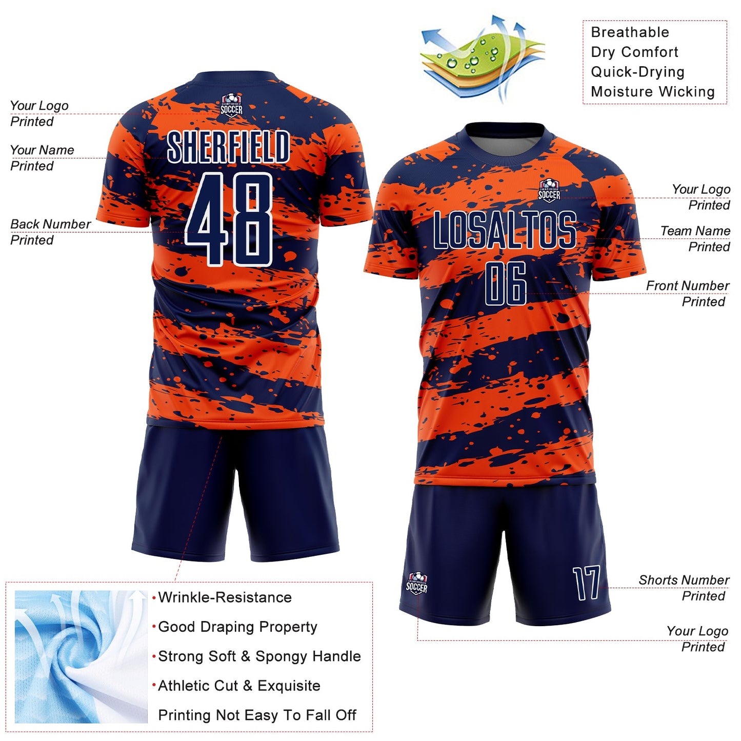 Custom Navy Orange-White Splash Sublimation Soccer Uniform Jersey view 4