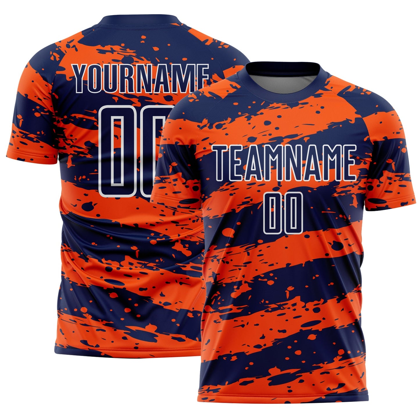 Custom Navy Orange-White Splash Sublimation Soccer Uniform Jersey - Main View
