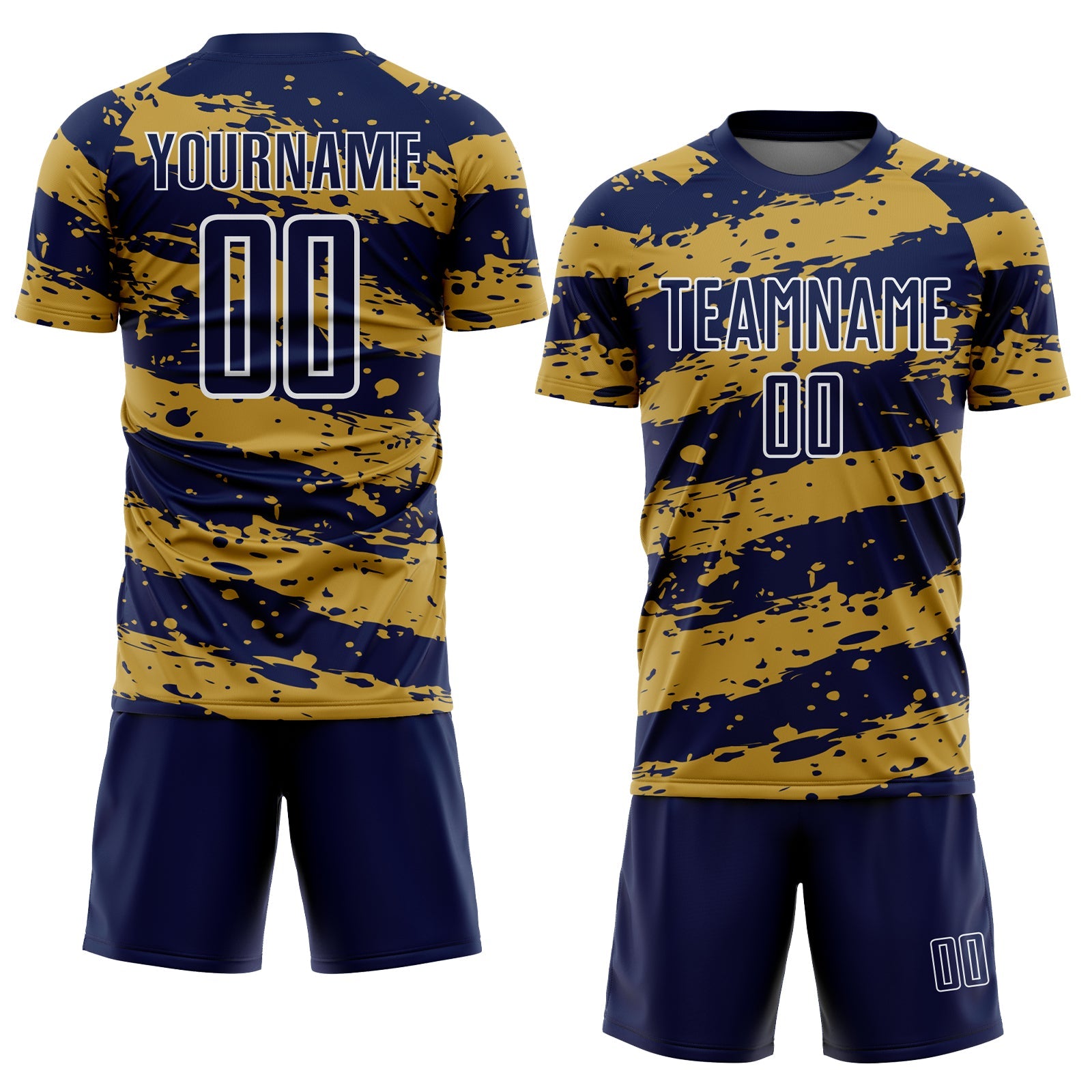 Custom Navy Old Gold-White Splash Sublimation Soccer Uniform Jersey view 2